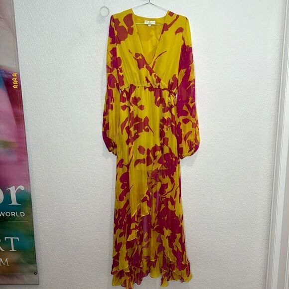 Caroline Constas Liv Maxi Dress High Low Silk Large Yellow/Pink - Picture 2 of 15